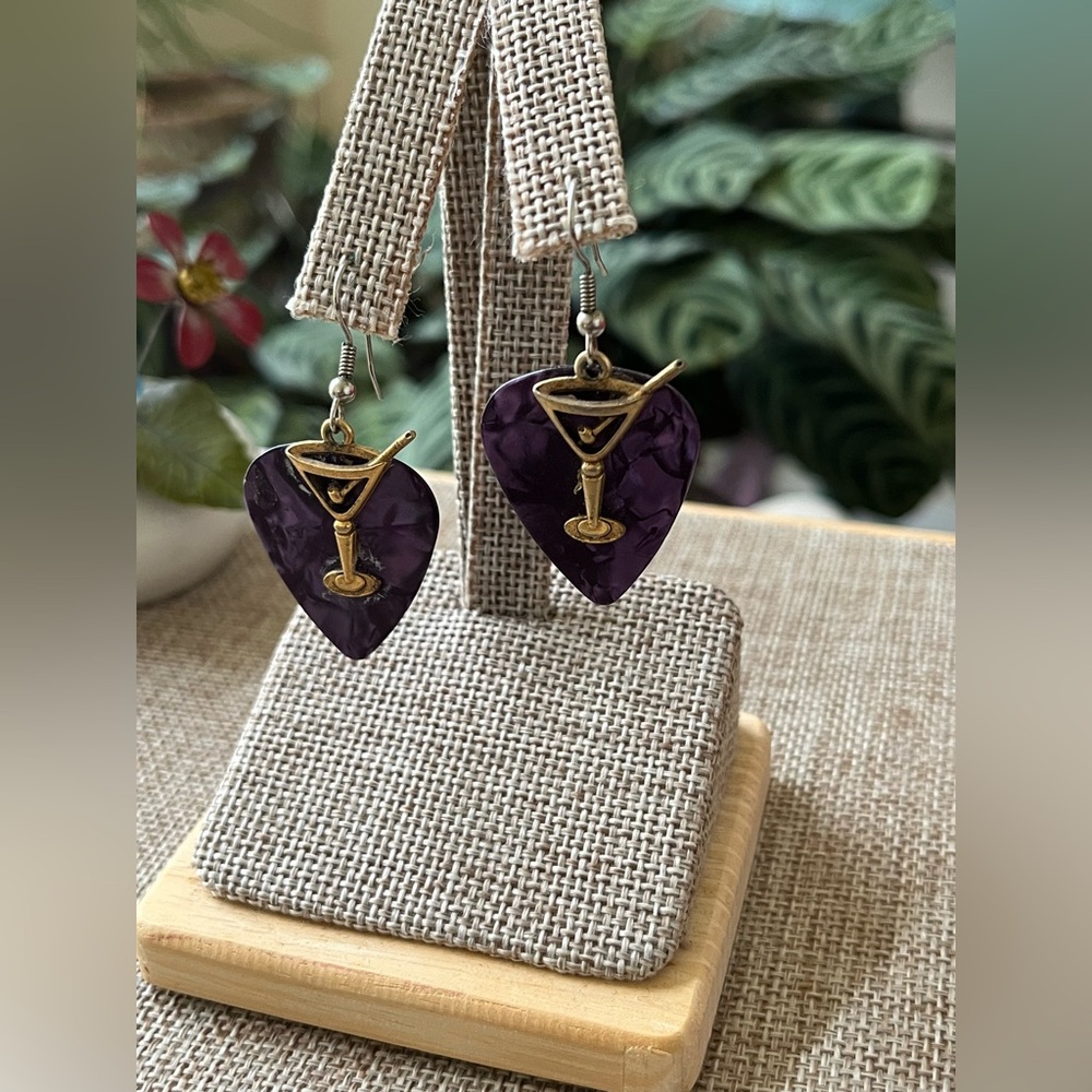 Purple Heart Earrings with Gold Martini Design - Picture 4 of 5